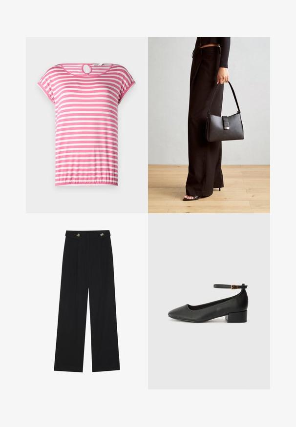 Pink and white striped short-sleeve top with a round neckline and a keyhole opening at the back. Soft fabric and elasticated hem.; Black wide-leg trousers with high waist, button details on waistband, and front pleats.; Black leather pump with a pointed toe and a low block heel. Features an ankle strap with a gold-tone buckle. Smooth texture.; Black handbag with structured shape, smooth texture, and a metallic clasp. Paired with wide black pants and open-toe sandals on wooden floor.