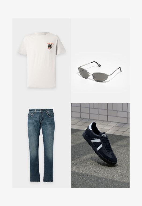 Tricou din bumbac de culoare bej deschis, cu guler rotund, mâneci scurte, și un grafic cu un câine negru având textul "RIDE the RAILS" în culoare portocalie.; Blugi din denim albastru cu croială dreaptă, spălare decolorată, design cu cinci buzunare și cusături contrastante. Închidere cu nasture și fermoar.; Sneaker din piele neagră cu dungi albe, talpă din cauciuc texturat și șireturi. Prezintă un eticheta de marcă pe limbă.; Ochelari de soare cu un cadru metalic argintiu, lentile nuanțate de gri și un design aerodinamic, cu colțuri ascuțite și brațe subțiri.