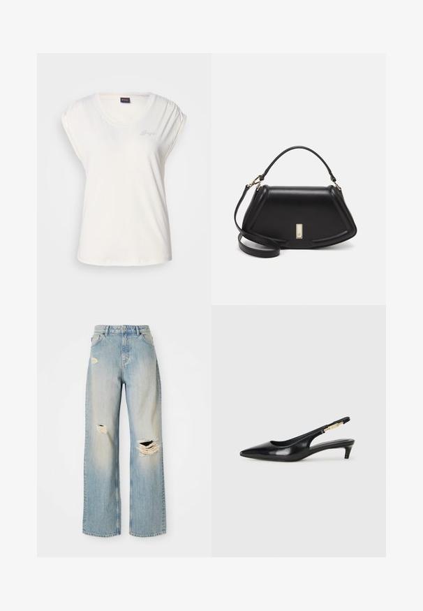 White short-sleeve T-shirt with a scoop neck and gathered shoulder detail. Subtle logo in rhinestones on the left side. Soft fabric texture.; Light blue straight-leg jeans with high waist, belt loops, and distressed rips on the left thigh, right knee, and lower left leg.; Black leather slingback heels with a pointed toe, featuring a slim heel and a gold-tone accent on the adjustable strap. Smooth texture.; Black leather handbag with a structured design, featuring a cropped shape, top handle, and gold hardware accent. Adjustable shoulder strap included.; Silver hoop earrings with a smooth, curved design. Features a shiny metallic finish and stud closure. No visible patterns or accents.