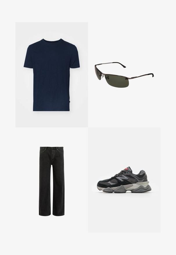 Tamsiai mėlyna marškinė su trumpomis rankovėmis, pagaminta iš minkštos medžiagos, su apvaliu kaklu ir laisvu siluetu, be matomų raštų ar akcentų.; Juodi džinsai plačiomis kojomis su aukštu liemeniu, su klasikinio penkių kišenių dizainu ir švelniu prasiskverbimu dėl tekstūruotos išvaizdos.; Juodos ir pilkos sportbačiai su zomšos ir tinklelio medžiagų mišiniu, storu padu, išsiskiriančiu logotipu ir raudona akcentu ant liežuvėlio.; Akiniai nuo saulės su tamsiai žaliais lęšiais, siauromis metalinėmis rėmelėmis, išlenktu dizainu ir reguliuojamais nosį laikikliais. Papildomai turi plonas juodas temple.