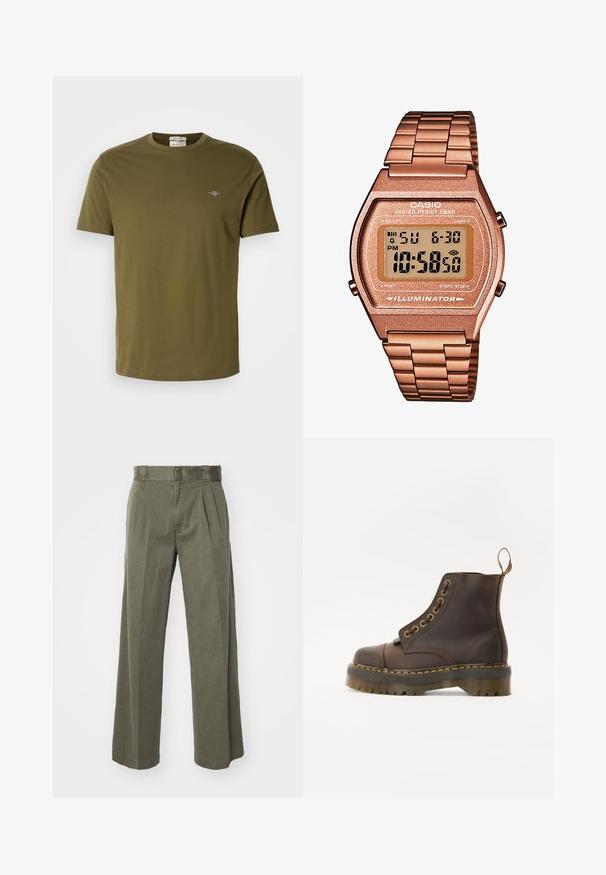 Olivegrünes T-Shirt mit kurzen Ärmeln aus Baumwolle, featuring einen runden Halsausschnitt und ein kleines, gesticktes Logo auf der Brust. Glatte Textur.; Olivgrüne Hose mit einem lockeren, weit geschnittenen Design und vorderen Falten. Hergestellt aus strukturiertem Stoff mit einem normalen Bund und ohne sichtbare Beschläge.; Braune Leder-Ankleboots mit runder Spitze, kontrastierenden gelben Nähten, dekorativen Metallösen und rutschfester Gummisohle.; Digitaluhr von Casio mit einem roségoldenen Metallarmband, rechteckigem Gehäuse, beleuchtetem Display und Wasserfestigkeit, zeigt Uhrzeit und Datum an.