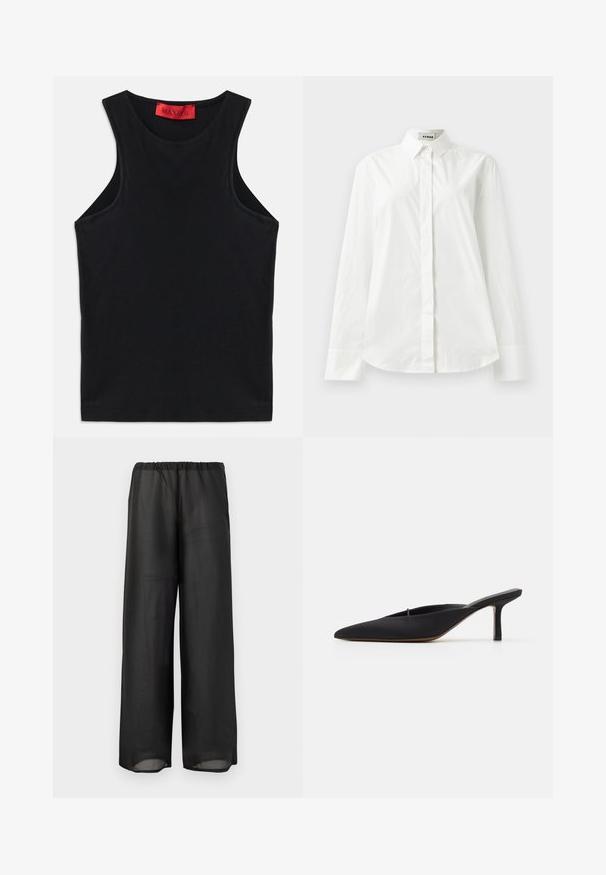 Zwarte mouwloze top van zachte katoen. Heeft een ronde halslijn en een standaard zoom. Eenvoudig ontwerp, geen zichtbare patronen of accenten.; Witte katoenen blouse met lange mouwen, een puntkraag, knoopsluiting aan de voorkant en een afgeronde zoom. Gladde textuur, normale pasvorm en geen patronen.; Zwarte wijde broek gemaakt van lichtgewicht, semi-doorzichtig materiaal met een elastische tailleband. Het ontwerp heeft een vloeiende en ontspannen silhouet.; Zwarte muiltje met spitse neus en een strak ontwerp, gemaakt van gladde stof, met een slanke hak en open achterkant voor gemakkelijk aan- en uittrekken.