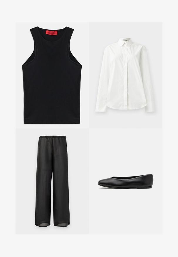 Zwarte mouwloze top van zachte katoen. Heeft een ronde halslijn en een standaard zoom. Eenvoudig ontwerp, geen zichtbare patronen of accenten.; Witte katoenen blouse met lange mouwen, een puntkraag, knoopsluiting aan de voorkant en een afgeronde zoom. Gladde textuur, normale pasvorm en geen patronen.; Zwarte wijde broek gemaakt van lichtgewicht, semi-doorzichtig materiaal met een elastische tailleband. Het ontwerp heeft een vloeiende en ontspannen silhouet.; Paul Smith TOPANGA - Ballerina's - black