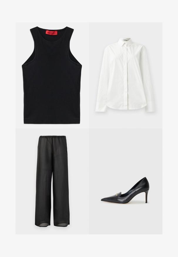 Black sleeveless top made from soft cotton. Features a round neckline and standard hem. Simple design, no visible patterns or accents.; White cotton long-sleeve shirt with a pointed collar, button-front closure, and rounded hem. Smooth texture, regular fit, and no patterns.; Black wide-leg pants made of lightweight, semi-sheer fabric with an elastic waistband. The design features a flowing and relaxed silhouette.; Black leather pump with a pointed toe, low-cut vamp, and a decorative gold accent. Features a stiletto heel and smooth texture.