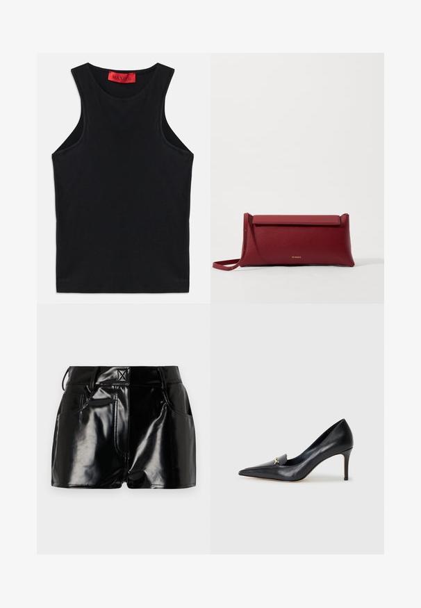 Top senza maniche nero realizzato in morbido cotone. Presenta un colletto rotondo e un orlo standard. Design semplice, senza motivi o accenti visibili.; Shorts neri e lucidi realizzati in materiale sintetico. Presentano una vita aderente, passanti per la cintura e tasche frontali con evidenti dettagli di cucitura.; Décolleté in pelle nera con punta affusolata, scollatura bassa e un accento decorativo dorato. Presenta un tacco a stiletto e una superficie liscia.; Borsa a pochette rossa in pelle con finitura texturizzata, dotata di un sopra pieghevole piatto e di una tracolla corta. Logo del marchio discreto sulla parte anteriore.