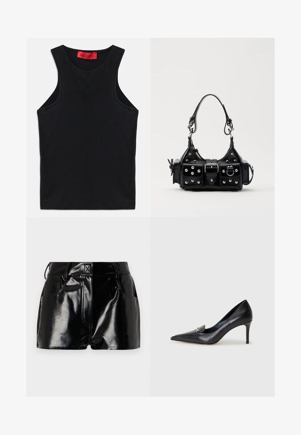 Sort ærmeløs top lavet af blødt bomuld. Har en rund halsudskæring og standard kant. Simpelt design, ingen synlige mønstre eller accenter.; Sorte, blanke shorts lavet af syntetisk materiale. Har en tætsiddende talje, bælteslaufer og forlommer med fremtrædende stikninger.; Sorte læderpumps med spids tå, lav udskæring og dekorativ guldaccent. Har en stiletthæl og glat tekstur.; Sort læderhåndtaske med et buet design, prydet med sølvfarvede nitter, en spænde og to sidelommer. Justerbar rem til forskellige bære muligheder.