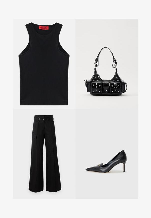 Melnā bez piedurknēm augšdaļa, izgatavota no mīksta kokvilnas. Tam ir apaļa kakla izgriezums un standarta apakšmalas. Vienkāršs dizains, nav redzamu rakstu vai akcentu.; Melni plats kāju bikses ar augstu jostasvietu, kas aprīkotas ar lielām sānu kabatām, divām priekšējām pogām un cilpas detaļu. Izgatavotas no izturīga auduma.; Melnas ādas sūkņi ar norādītu pirkstu, zemu griezumu un dekoratīvu zelta akcentu. Iezīmējas ar stiletto papēdi un gludu tekstūru.; Melnas ādas rokturmais ar izliekumu, ar sudraba iedurtiem, sprādzi un divām sānu kabatām. Regulējams siksniņas garums dažādām nēsāšanas iespējām.