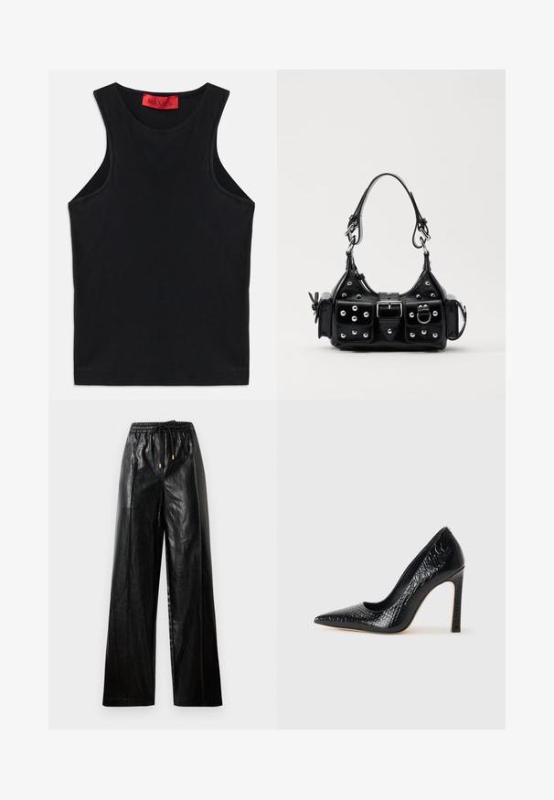 Schwarzes ärmelloses Oberteil aus weichem Baumwollstoff. Mit Rundhalsausschnitt und normalem Saum. Einfaches Design, ohne sichtbare Muster oder Akzente.; Schwarze Leder-Hosen mit weitem Beinschnitt, elastischem Taillenbund, Kordelzug und goldenen Hardware-Akzenten. Glatte Textur und lockerer Schnitt.; Schwarzer, spitz zulaufender High Heel mit Krokodilleder-Struktur, elegantem Design, hohem Stiletto-Absatz und glattem schwarzen Innenraum.; Schwarze Lederhandtasche mit einem geschwungenen Design, verziert mit silbernen Nieten, einer Schnalle und zwei seitlichen Taschen. Verstellbarer Träger für verschiedene Tragemöglichkeiten.