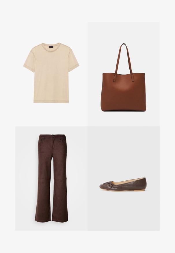 Krátký béžový tričko s krátkým rukávem vyrobené z měkké tkaniny. Má kulatý výstřih a viditelné švy kolem okrajů. Jednoduchý a minimalistický design.; Hnědé rozšířené kalhoty z jemné, semišové látky. Obsahují čtyři kapsy, zapínání na knoflík a hladký, texturovaný povrch.; Hnědé kožené baletní byty s kulatou špičkou, s nařaseným detailem na přední části a plochou, světlou podrážkou.; Hnědá kožená taška přes rameno s hladkou texturou, otevřeným designem a dvěma ramenními popruhy. Obsahuje minimální švy a žádné viditelné kovové prvky.