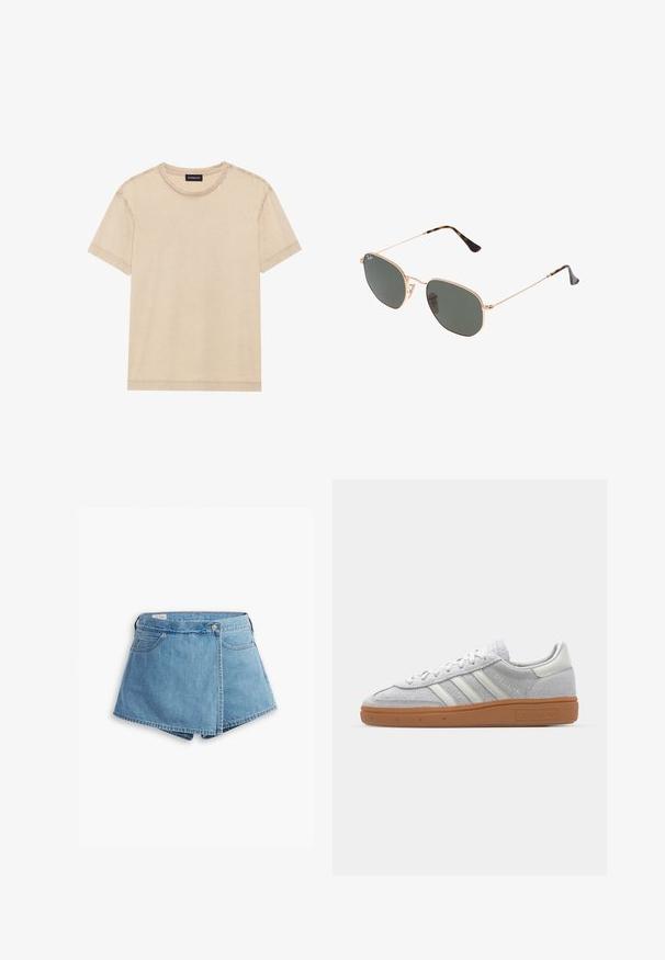 Bež majica kratkih rukava od mekanog materijala. Ima okrugli izrez i vidljive šavove duž rubova. Jednostavan i minimalistički dizajn.; Traperice kratke hlače u svijetloplavoj boji, s dizajnom preklopa, prednjim džepovima i metalnim zatvaranjem na dugme. Glatka textura s prošivenim rubovima.; Svijetlosivi nubuk tenisice s bijelim kožnim detaljima, tri bijele pruge i smeđa gumena potplat, s podstavljenim ovratnikom radi udobnosti.; Naočale s metalnim okvirom u zlatnoj boji i tamnozelenim lećama, avijatičarskog stila, sa tankim drškama i kornjačevim naglascima na vrhovima.