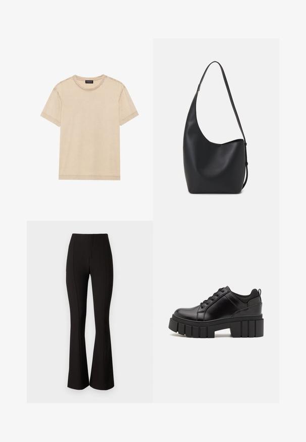 Beige Kurzarm-T-Shirt aus weichem Stoff. Mit rundem Ausschnitt und sichtbaren Nähten entlang der Kanten. Einfaches und minimalistisches Design.; Gina Tricot SLIM FIT TROUSERS - Stoffhose - black; Schwarze Lederplateauschuhe mit klobigem Blockabsatz, runder Zehenpartie und traditionellem Schnürdesign. Verfügt über eine glatte Textur und minimale Details.; Schwarze Leder-Hobo-Tasche mit einer glatten Textur, geschwungener Form und einem einzelnen verstellbaren Tragegurt; verfügt über eine weite Öffnung am oberen Ende.