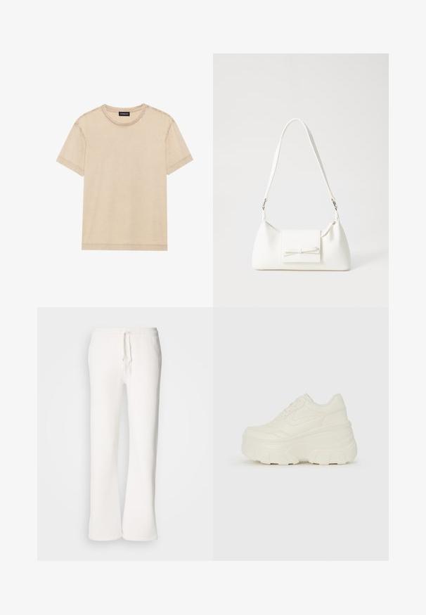 Bež majica kratkih rukava od mekanog materijala. Ima okrugli izrez i vidljive šavove duž rubova. Jednostavan i minimalistički dizajn.; Bijele, opuštene hlače od flisa izrađene od mekog materijala, s elastičnim pojasom i vezicom te ravnim nogavicama.; Bijele platformske tenisice s glatkim gornjim dijelom koji nalikuje koži, zaobljenim oblikom, podstavljenim okvirom i teksturiranim gumeni potplat s definiranom profilacijom.; Bijela sintetička torbica s trokutastim oblikom, ravnim prednjim poklopcem i detaljem u obliku mašne, podesivom remenom, glatkom teksturom i minimalističkim dizajnom.