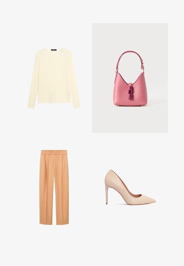 Cremefarbenes Langarmshirt für Frauen mit Rundhalsausschnitt, schlichtem Design und Massimo Dutti-Label im Innenkragen.; Pfirsichfarbene, weite Hose aus weichem Stoff mit elastischem Bund und geradem Schnitt, die eine entspannte Passform bietet.; Beige Leder-Pumps mit hohen Absätzen, spitz zulaufender Zehenpartie und glatter Textur. Mit einem schlanken Stiletto-Absatz und einem tief ausgeschnittenen Obermaterial.; Rosa Lederhandtasche mit strukturiertem Design, ausgestattet mit einem glänzenden Verschluss und einem einstellbaren Gurt. Texturierte Oberfläche mit goldfarbenen Beschlägen.