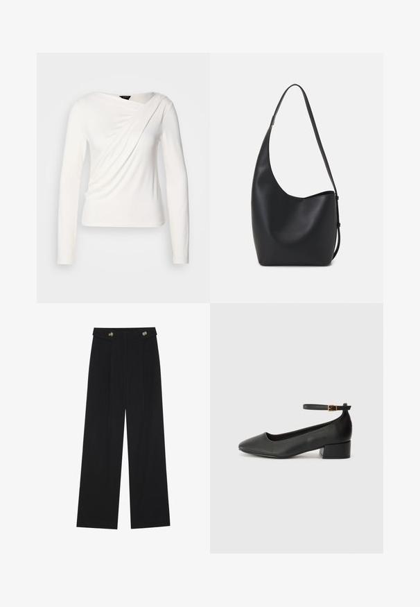 White long-sleeve top with a draped design and a deep V-neck. Made of smooth fabric with a fitted shape and subtle texture.; Black wide-leg trousers with high waist, button details on waistband, and front pleats.; Black leather pump with a pointed toe and a low block heel. Features an ankle strap with a gold-tone buckle. Smooth texture.; Black leather hobo bag with a smooth texture, curved shape, and single adjustable strap; features a wide opening at the top.