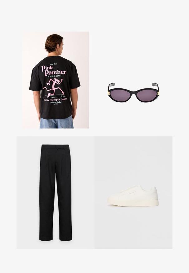Schwarzes Baumwoll-T-Shirt mit einem großen pinkfarbenen Motiv des rennenden Pink Panther, dazu der Text „San Siro Pink Panther Running Club“.; Schwarze Hose aus glattem Stoff, mit geradem Bein Design, zwei vorderen Falten und einem Standardbund mit Gürtelschlaufen.; Weiße Slip-On-Sneaker mit einer strukturierten Oberfläche, dicker Sohle und minimalistischem Design. Mit Logo der Marke an der Seite.; Schwarze Katzenaugen-Sonnenbrille mit lila Linsen. Verfügt über goldene Akzente in der Nähe der Schläfen. Glatter Kunststoffrahmen mit glänzender Oberfläche.