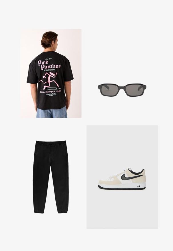Crna pamučna majica s velikom ružičastom grafikom Ružičaste pantere u trku, uz tekst "San Siro Pink Panther Running Club".; Crne hlače s elastikom u struku i vezicom, sužene nogavice, bočne džepove i suptilne detalje šivanja s strane. Mekana pamučna tkanina.; Tenisice sa svijetlosmešavom suedinom i bijelim kožnim gornjištem, crnim Nike swoosh-om, crnim detaljima i bijelom gumiranom potplatom s "AIR" brendingom.; Crne pravokutne sunčane naočale s tamno sivim lećama, s debelim plastičnim okvirom i glatkom teksturom. Nema vidljivog brendiranja.