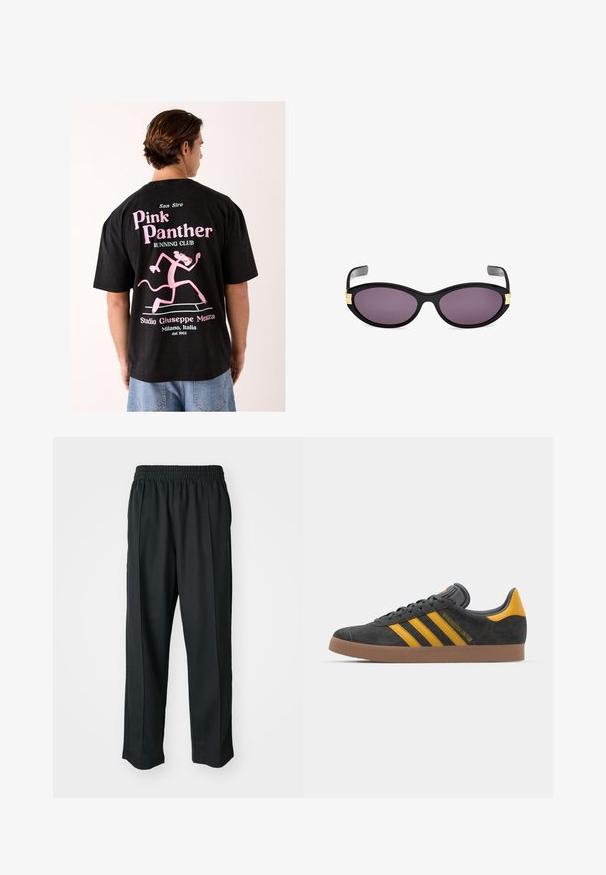 Black cotton t-shirt featuring a large pink graphic of the Pink Panther running, with text reading "San Siro Pink Panther Running Club."; Black athletic pants with an elastic waistband, made of smooth fabric, featuring subtle side stitching and a relaxed fit, straight leg design.; Black suede sneaker with yellow accents, featuring three stripes and a brown rubber sole. Includes a padded tongue for comfort.; Black cat-eye sunglasses with purple lenses. Features gold accents near the temples. Smooth plastic frame with a glossy finish.