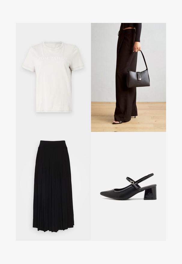 Cremfarbener Baumwoll-T-Shirt mit Rundhalsausschnitt, kurzen Ärmeln und einem Frontdruck mit dem Text: "TOM TAILOR EST. 1962" in heller Schrift.; Schwarzer plissierter Rock mit breitem, dehnbarem Bund. Gefertigt aus weichem Stoff, mit vertikalen Falten für eine fließende Silhouette.; Schwarze Lackleder-Slingback-Absätze mit spitzer Zehenform, einem runden Ausschnitt-Design und einem Blockabsatz. Mit einem goldfarbenen Schnallenakzent.; Schwarze Handtasche mit strukturierter Form, glatter Textur und einem metallischen Verschluss. Kombiniert mit weiten schwarzen Hosen und offenen Sandalen auf einem Holzboden.