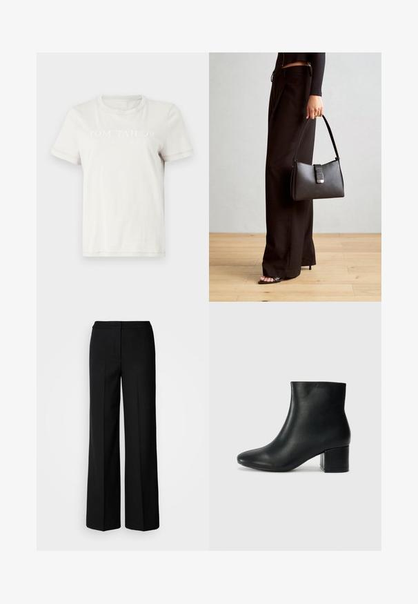 Kreminės spalvos medvilninė marškinėlių su apvalia iškirpte, trumpomis rankovėmis ir priekinėmis grafika: "TOM TAILOR EST. 1962" šviesiu spaudiniu.; Juodos plačios kojų kelnės su lygia medžiaga, pasižyminčios aukštu liemeniu, pritaikytais siūlėmis ir minimalistiniu dizainu. Nėra matomų metalo detalių ar kišenių.; Juodos odinės aulinės botai su smailiu priekiniu pirštu ir storu kulnu. Lygus tekstūra su minimaliomis detalėmis ir elegantišku, tvirtai priglundančiu dizainu.; Juodas rankinė struktūrizuota forma, lygi tekstūra ir metalinis užsegimas. Suporuota su plačiomis juodomis kelnėmis ir atvirais bateliais ant medinių grindų.