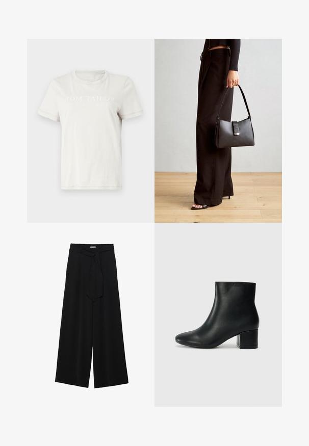 Kreemivärvi puuvillane T-särk, millel on ümmargune kaelus, lühikesed varrukad ja ees prinditud tekst: "TOM TAILOR EST. 1962" heleda kirja kujul.; Mustad laiad püksid, millel on tekstureeritud kangas, elastne vöökoht ja eemaldatav pael vööst, et reguleerida sobivust.; Mustad nahast pahkluu saapad terava varbaga ja jämeda kandaga. Sile tekstuur minimaalse aktsentidega ja stiilne, lihvitud disain.; Must musta kott, millel on struktureeritud kuju, sile tekstuur ja metallist klamber. Kombineeritud laiate mustade pükstega ja avatud varvaste sandaalidega puidust põrandal.