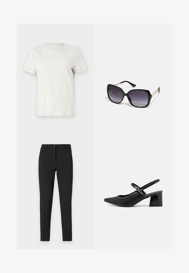 Krēmkrāsas kokvilnas T-krekls ar apaļu kakla izgriezumu, īsām piedurknēm un priekšējo grafiku ar tekstu: "TOM TAILOR EST. 1962" gaišā drukā.; Melnas piegrieztas bikses no gludas auduma, ar klasisku jostasvietu, priekšējo rāvējslēdzēju un sānu kabatām eleganti izsmalcinātā dizainā.; Melns patentēts ādas sandales ar norādīta pirksta formu, noapaļotu izgriezuma dizainu un bloķētu papēdi. Iezīmēta ar zelta toņa sprādzi.; Melni pārmērīgi lieli saulesbrilles ar gradāciju lēcām, biezām rāmja malām un zeltainas krāsas ķēžu detaļām uz tempļiem.; Melnā somiņa ar strukturētu formu, gludu tekstūru un metālu sprādzi. Saskaņota ar platām melnām biksēm un sandālēm ar atvērtu purngalu uz koka grīdas.
