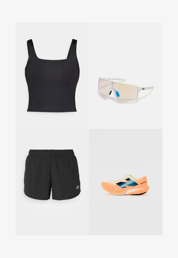 Juoda trumpa viršutinė dalis su kvadratiniu iškirpimu ir plačiomis petnešomis. Pagaminta iš lygaus, tamprumo turinčio audinio su prigludusia siluetu. Be papuošimų.; Juodi sportiniai šortai su elastinga juosmena, pagaminti iš lengvos medžiagos. Kairiajame apatinėje pusėje yra mažas pilkas logotipas.; Bėgimo bateliai su lengvu kreminiu viršumi, mėlynu ženklinimu ir oranžiniais akcentais ant pado. Tinklelis, užtikrinantis kvėpavimą.; Baltos rėmeliais akiniai nuo saulės su dideliais gradientiniais lęšiais, turinčiais rožinį ir šviesiai oranžinį atspalvį, pabrėžti mėlynos spalvos nosies dalimi ir logotipo detale.