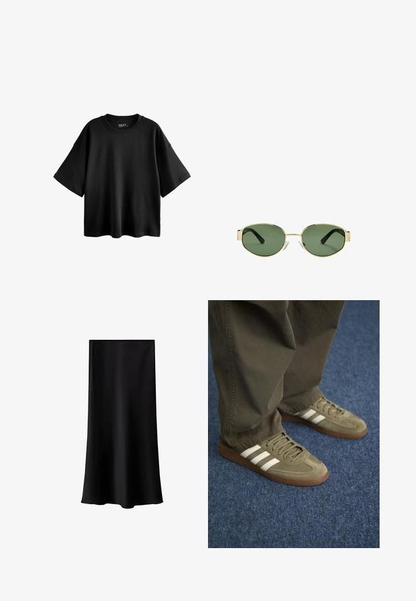 Czarny, oversize krótki rękaw t-shirt wykonany z bawełny, z okrągłym dekoltem i luźnym krojem. Gładka faktura z minimalną ilością szwów.; Czarna spódnica midi z gładkiego, lekkiego materiału. Charakteryzuje się prostym krojem, brakiem widocznych elementów metalowych oraz minimalistycznym wzornictwem bez nadruków.; Zielone zamszowe trampki z trzema białymi paskami, brązową gumową podeszwą i teksturowanymi sznurowadłami, zestawione z oliwkowymi spodniami na niebieskim dywanie.; Złote okulary przeciwsłoneczne w metalowej oprawie z zielonymi soczewkami, o owalnym kształcie, czarnymi zausznikami i przezroczystymi noskami. Czysty, minimalistyczny design.; Oliwkowa torba na ramię z podwójnymi uchwytami, gładką teksturą i metalowym akcentem z logo. Owalny kształt z bocznymi panelami; zestawiona z niebieskimi spodniami.