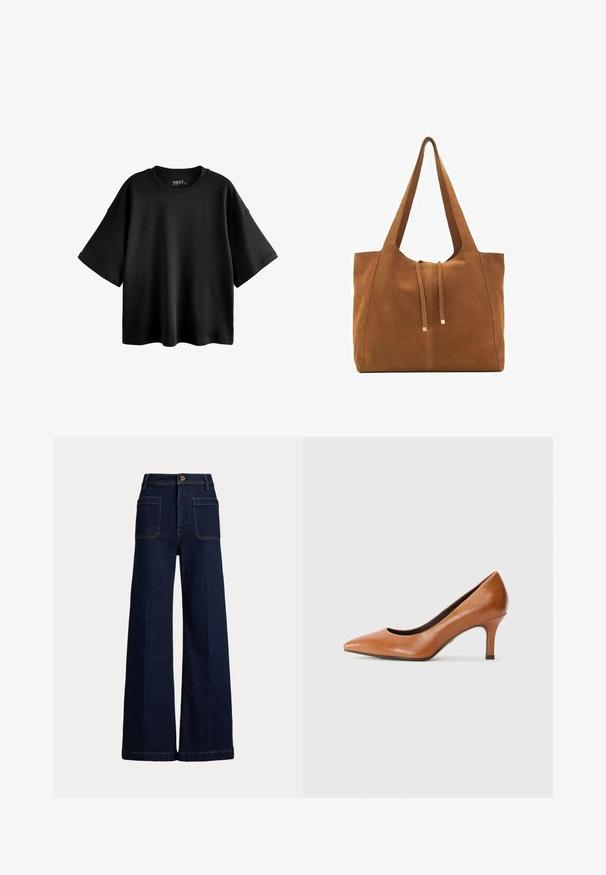 Zwarte oversized T-shirt met korte mouwen, gemaakt van katoen, met een ronde hals en een ontspannen pasvorm. Pennige textuur met minimale naden.; Brede donkerblauwe denim jeans met een hoge taille, vijf zakken en contrasterende stiksels. Voorzien van een knoopsluiting en een gestructureerde vorm.; Tamaris Klassieke pumps - cognac; Bruine suède schoudertas met twee lange hengsels, trekkoordsluiting en minimalistisch ontwerp. Gladde textuur en geen zichtbare hardware-accenten.