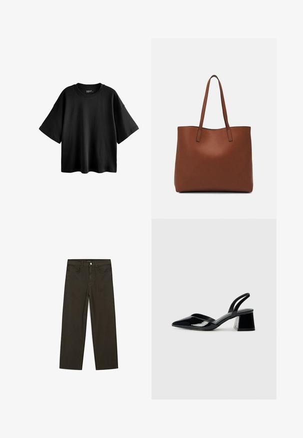 Sort oversized t-shirt med kortærmer lavet af bomuld, med rund hals og en afslappet pasform. Glat tekstur med minimale sømme.; Mørkegrønne brede jeans lavet af en bomuldsblanding, med en frontlukning med knap, fem lommer og klassisk denim-syning.; Sorte patentlæder slingback hæle med spids tå og en geometrisk blok hæl. Har et elegant, minimalistisk design og en glat tekstur.; Brun læder tote taske med en glat overflade, åben topdesign og to skulderremme. Har minimal syning og ingen synlig hardware.
