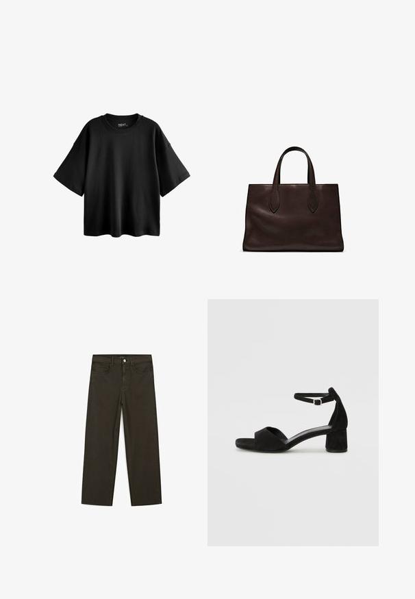 T-shirt nero oversize a maniche corte realizzato in cotone, con colletto rotondo e una vestibilità relax. Tessuto morbido con cuciture minime.; Jeans a gamba larga di colore verde scuro, realizzati in tessuto misto cotone, dotati di chiusura con bottone frontale, cinque tasche e cuciture classiche in denim.; Sandali con tacco in suede nero, con una sottile fascia alla caviglia, design open toe e un discreto tacco a blocco. Texture liscia e decorazioni minime.; Borsa a spalla in pelle marrone con due manici lunghi, forma rettangolare strutturata, texture liscia e dettagli di cucitura sottili.