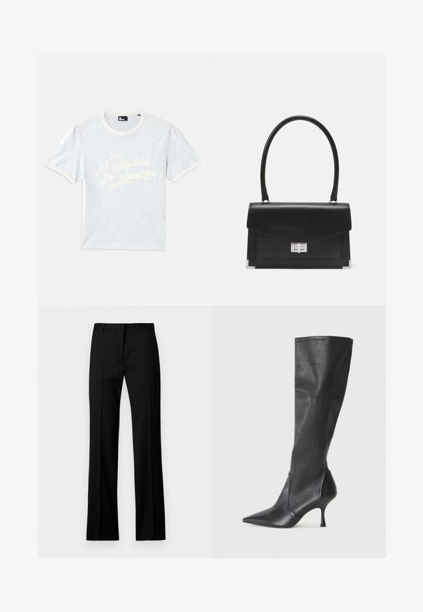 Svetlomodré tričko s krátkym rukávom a krémovým golierom, s vypučanými rukávmi, s bielym textom "The Kooples" a dizajnom blesku.; Čierne nohavice v rovnom strihu z hladkej tkaniny, so plochým predným dielom, pútkami na opasok a bez viditeľných vreciek alebo ozdôb.; Čierne kožené čižmy do výšky kolien s špicatou špičkou a úzkym stiletto podpätkom. Hladká textúra s priliehavým dizajnom a prešitím na vrchnom okraji.; Čierna kožená kabelka so štruktúrovaným dizajnom, s hornou rúčkou a strieborným klipom. Obsahuje akcenty na rohoch a hladkú textúru.