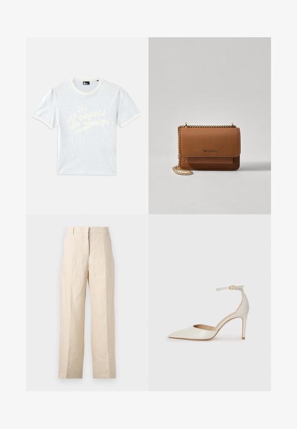 Gaiši zila īsām piedurknēm t-kreklu ar krēmkrāsas apkakli un uzpūstām piedurknēm, ar baltu tekstu "The Kooples" un zibens dizainu.; Bežīgas lina bikses ar brīvu piegriezumu, krokām priekšā un taisnām kājām. Piedāvā jostu ar cilpiņām un bez redzamām kabatām.; Baltas ādas augstpapēžu kurpes ar smailu purngala daļu, potītes siksniņu un šauru stiletto papēdi. Gluda tekstūra ar smalku spīdumu.; Brūna teksturēta ādas plecu soma ar zelta ķēdes siksnu un atloka aizdari. Priekšpusē ir logotipa detaļa un kabata zem atloka.