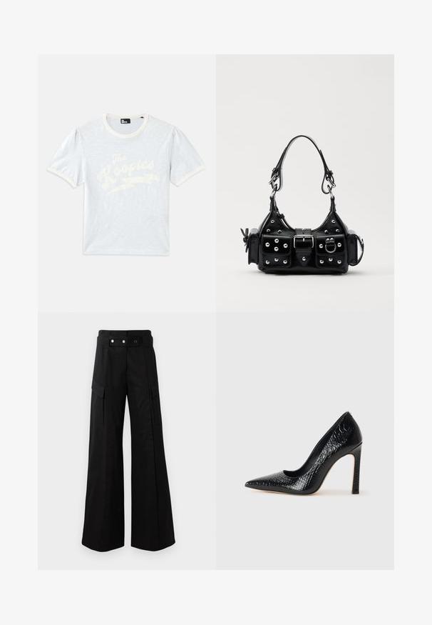 Jasnoniebieski T-shirt z krótkim rękawem i kremowym kołnierzykiem, z bufiastymi rękawami, z białym napisem "The Kooples" i designem błyskawicy.; Czarne szerokie spodnie z wysokim stanem, z dużymi bocznymi kieszeniami, dwoma guzikami z przodu i detalem w kształcie pętli. Wykonane z mocnej tkaniny.; Czarne szpilki z ostrym noskiem, pokryte teksturą skóry krokodyla, charakteryzujące się eleganckim wzornictwem, wysokim obcasem w stylu stiletto oraz gładkim czarnym wnętrzem.; Czarna skórzana torebka w zakrzywionym kształcie, z srebrnymi ćwiekami, klamrą i dwoma bocznymi kieszeniami. Regulowany pasek umożliwiający różne opcje noszenia.