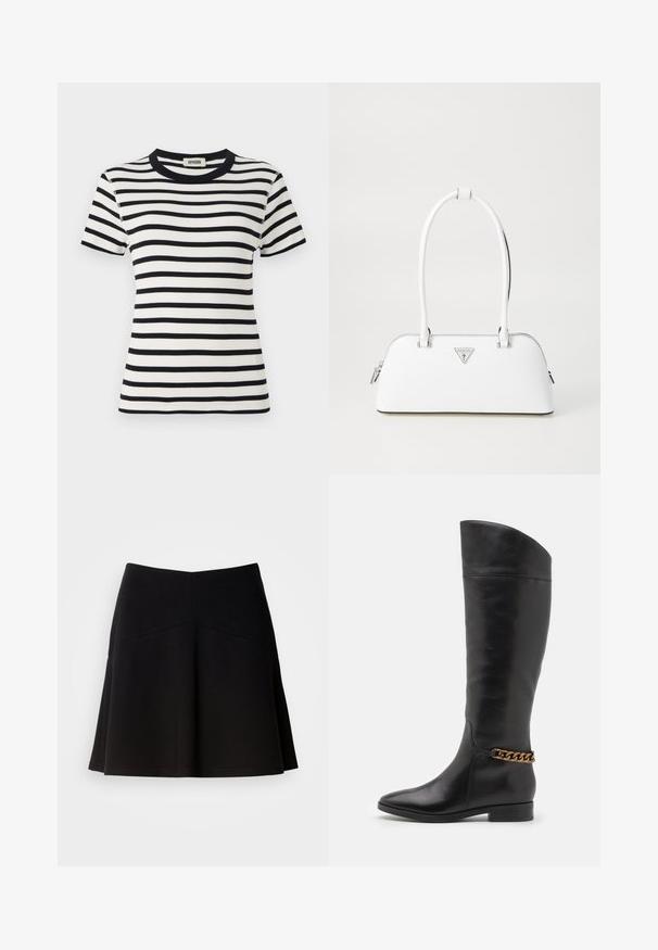Tricou cu mânecă scurtă, cu dungi alb-negru, cu un guler rotund din material elastic și un design ajustat. Țesătura pare texturată și elastică.; Fustă neagră evazată, realizată dintr-un material moale, cu o talie ajustată și detalii de cusătură. Textură netedă cu un design simplu și clasic.; Cizme negre din piele înalte, cu un design elegant, vârf ascuțit și un accent de lanț auriu la gleznă. Toc mic în formă de bloc. Textură netedă.; Geantă de mână din piele albă, cu o formă curbată, prezentând un logo triunghiular argintiu și închidere cu fermoar. Textură netedă și mânere duble.