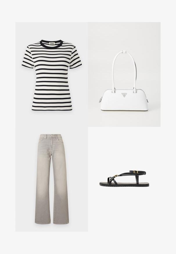 T-shirt de manga curta, listrado em preto e branco, com gola redonda canelada e design ajustado. O tecido parece ter textura e é elástico.; Jeans largos cinzentos com um acabamento desbotado, fecho de botão, design de cinco bolsos e detalhes costurados ao longo das costuras.; Sandálias de couro pretas com tiras finas e uma faixa no tornozelo com fivela. Sola plana com um acabamento texturizado e borda em zigzag. Design minimalista.; Bolsa de pele branca com um formato curvado, apresentando um logótipo triangular em prata e fecho de correr. Textura suave e alças duplas.