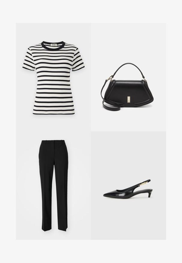 Black and white striped short-sleeve t-shirt with a round ribbed neckline and a fitted design. The fabric appears textured and stretchy.; Black tailored trousers with a straight-leg design, featuring a smooth texture and crisp creases along the front. No visible hardware.; Black leather slingback heels with a pointed toe, featuring a slim heel and a gold-tone accent on the adjustable strap. Smooth texture.; Black leather handbag with a structured design, featuring a cropped shape, top handle, and gold hardware accent. Adjustable shoulder strap included.