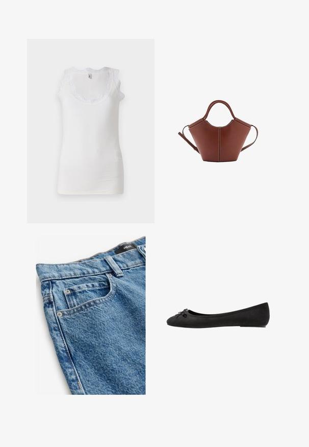 Biela tielko s rebrovanou textúrou, s volánkovou čipkovou dekoráciou pozdĺž výstrihu a tenkými ramienkami. Mierne zafarbenie v blízkosti spodnej časti.; Džínsy v strednej modrej farbe s blednutou textúrou. Funkcie zahŕňajú päť vreciek, medené nitky a prešívané detaily pozdĺž švov.; Čierne semišové baleríny s okrúhlou špičkou, so zdobnou mašľou na prednej strane a plochou podrážkou. Hladká textúra a klasický tvar.; Hnedá kožená kabelka s kužeľovým tvarom, pevnými rúčkami a kontrastným bielym prešitím. Obsahuje odnímateľný ramenný popruh pre väčšiu variabilitu.