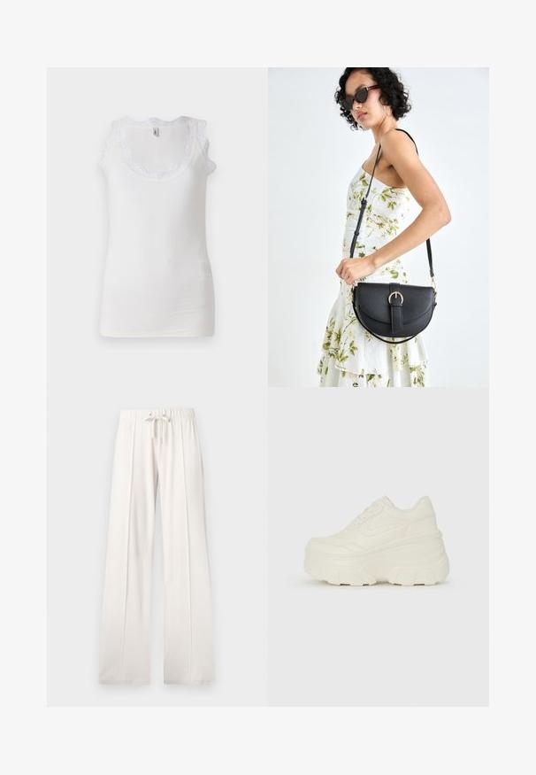 Hvit tanktopp med ribbet tekstur, bølgete blondekant langs halslinjen og tynne stropper. Lett misfarging nær bunnen.; Lyse beige joggebukser laget av mykt stoff, med snor i livet, vide ben og vertikale sømmer, med en jevn tekstur.; Hvite plattformsnickers med en glatt læraktig overdel, avrundet form, polstret krage og teksturert gummisåle med tydelige dekk.; Svart lærveske med en buet form, avtagbar stropp og gullbeslag. Vesken har et klaff med spenne-detall.