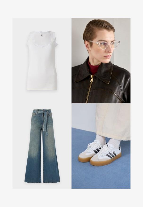 Hvit tanktopp med ribbet tekstur, bølgete blondekant langs halslinjen og tynne stropper. Lett misfarging nær bunnen.; Bredde ben jeans med en lyseblå til mørkeblå gradient, høyt liv, beltehemper og et matchende belte i samme stoff. Teksturert denimoverflate.; Hvite sneakers med svarte striper og beige semsket skinn-detaljer. Har en teksturert gummisåle og flate hvite snører, brukt med lyse sokker.; Klare akryl katteøye-briller med gult tonede linser, båret av en person i en mørk skinnjakke og rød genser med høy hals. Glatt tekstur.