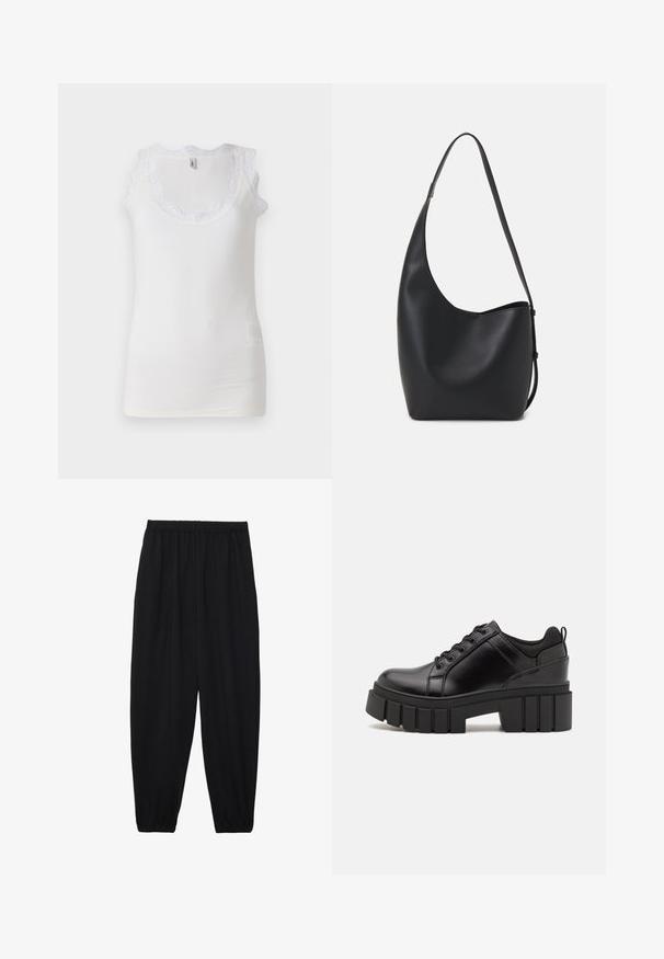 White tank top featuring ribbed texture, scalloped lace trim along the neckline, and thin straps. Slight discoloration near the bottom.; Black, lightweight pants with an elastic waistband and gathered ankles. The fabric is smooth and features a relaxed, tapered design.; Black leather platform shoes with a chunky block heel, round toe, and traditional lace-up design. Features smooth texture and minimal detailing.; Black leather hobo bag with a smooth texture, curved shape, and single adjustable strap; features a wide opening at the top.