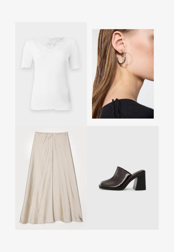 Fehér bordás, rövid ujjú felső, amely pikkelyezett nyakkivágással és csipke díszítéssel rendelkezik a gallérnál. Pikkelyezett szélek a ujjvégén.; Beige, selyemfényű szoknya, amely bővülő sziluettel rendelkezik. Ráncolt derékrésszel és diszkrét fényességgel rendelkezik, ferde varrásokkal és lágyan omló eséssel.; Sötét burgundi bőr mules cipők négyzetes orral, fényes felülettel és tömör, texturált fekete sarokkal. Egyszerű dizájn, könnyen felvehető stílus.; Ez egy ezüst fülbevaló, sima felülettel, amelyen apró arany díszítőelemek találhatók. Kerek formájú és a fülcimpán viselik.