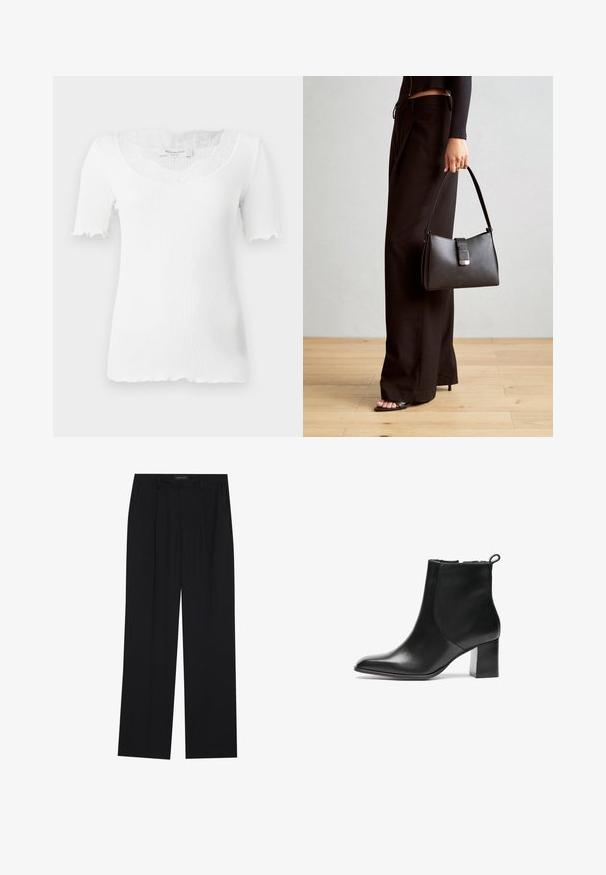 Bílý žebrovaný top s krátkým rukávem, který má výstřih se šněrováním a krajkovými detaily na límci. Vlnkované okraje na lemech rukávů.; Černé kalhoty se střihem rovného nohavice, které mají dvě přední kapsy a pas. Vyrobené z hladkého, lehkého materiálu.; Černá kožená kotníková bota s kulatou špičkou, středně vysokým blokovým podpatkem a poutkem na zadní straně. Hladká textura, minimalistický design.; Černá kabelka se strukturovaným tvarem, hladkým povrchem a kovovým uzávěrem. Kombinována s širokými černými kalhotami a sandály s otevřenou špičkou na dřevěné podlaze.