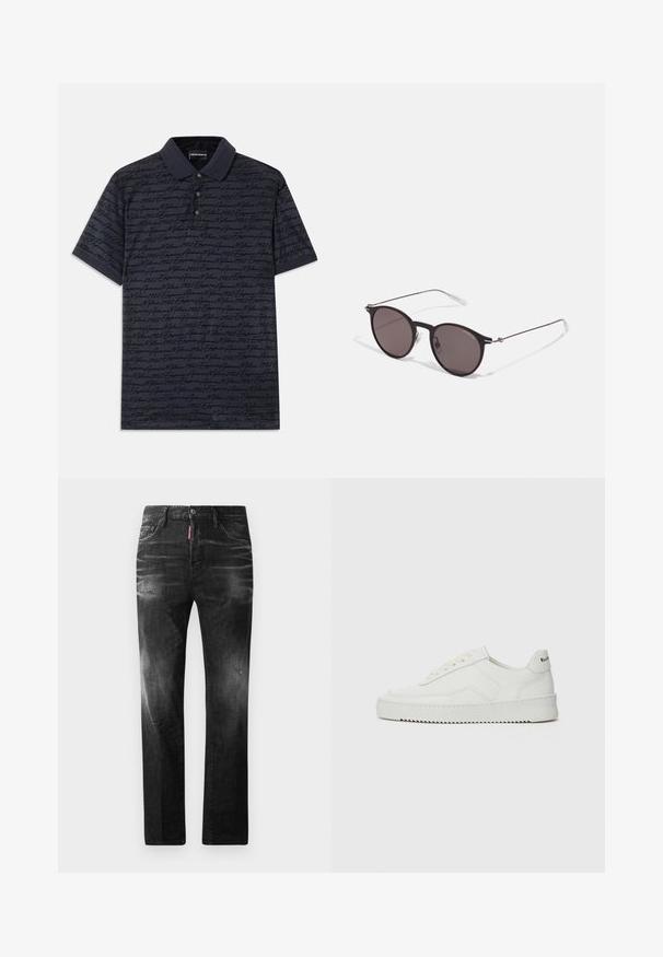 Polo shirt azul-marinho com mangas curtas, apresentando um padrão texturizado de texto em escrita numa tonalidade de azul-marinho mais escura. Com abertura de botões e colarinho contrastante.; Jeans de denim preto com um corte reto. Apresentam áreas desbotadas, ligeira degradação, design clássico de cinco bolsos e um fecho de botão.; Sapatilha de couro branco com acabamento suave, bico redondo, atacadores planos e uma sola texturizada. Apresenta um logotipo discreto no calcanhar.; Óculos de sol redondos pretos com lentes escuras e hastes metálicas finas. Inclui pontas de templo transparentes e detalhes em prata na dobradiça. Design minimalista.