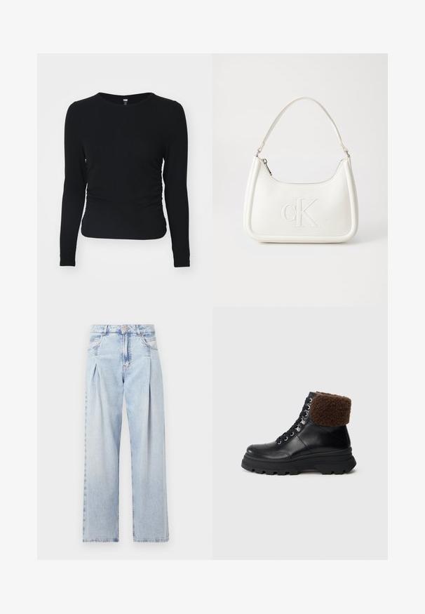 Čierny dlhý rukáv top z rebrovanej látky, s okrúhlym výstrihom a detailom riasenia na bočných stranách. Strih je priliehavý a prispôsobený postave.; Svetlomodré džínsy s vysokým pásom, širším strihom po celej dĺžke, dvoma bočnými vreckami a skladaným dizajnom. Mäkka textúra s vyblednutým vzhľadom.; Čierne kožené šnurovacie čižmy s hrubou podrážkou a prehnutým hnedým ovčím kožuchom, zobrazené z boku na jednoduchom pozadí.; Biela kožená kabelka s zakriveným tvarom, na prednej strane s embosovaným logom "CK" a jedným ramenným popruhom. Zipsové zapínanie navrchu.