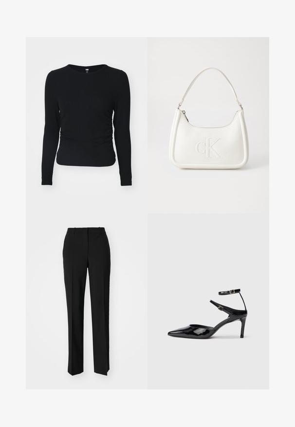Must kärgast pikad varrukad särk ribblikust kangast, ümarate kaelustega ja külje kortsudega detailiga. Istuvus on tihe ja kehakujule kohandatud.; Mustad ja sirged püksid, millel on sile tekstuur ja teravad voldid esiosas. Ilma nähtavate detailideta.; Mustad nahast mustad kontsad terava ninaga, reguleeritavate pahkluu rihmade ja õhukese kontsaga. Sile tekstuur läikiva viimistlusega.; Valge nahast käekott, millel on kumer kuju, esiküljel on reljeefne "CK" logo ja üks õlavarre rihm. Ülemine tõmblukkuu.