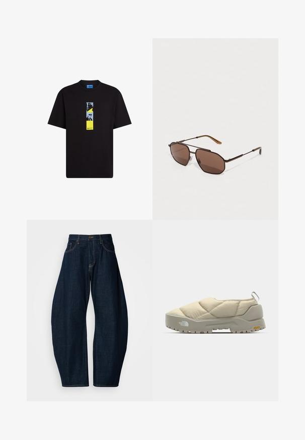 Juodas medvilninis marškinėliai su apvalia iškirpte. Priekyje yra vertikalus grafikos dizainas, derinantis mėlynas, geltonas ir juodas elementus.; Tamsiai mėlynos džinsinės kelnės su plačiomis kojomis, pasižyminčios ryškiu siuvimu, penkiomis kišenėmis ir žalvariniu mygtuko užsegimu juosmenyje.; Kreminės spalvos siuvinėta minkšta avalynė su pilku Vibram padu, apvalios formos ir su galiniu kilpeliu. Yra logotipas šone ir tekstūruotas viršutinis paviršius.; Rudos aštuonkampiai saulės akiniai su plonu juodu metaliniu rėmu, akcentuotais rudomis šventyklomis. Tamsiai tonuoti objektyvai suteikia UV apsaugą.