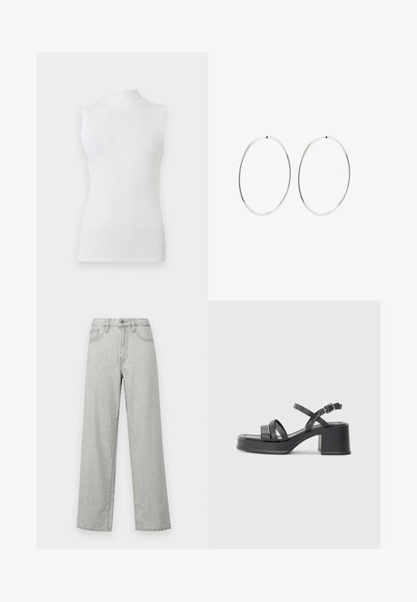 Bezrukávový biely top s vysokým golierom, priliehavého strihu a hladkej tkaniny na jednoduchej svetlej pozadí.; Svetlo šedé široké džínsy z denimu, s vysokým pásom, prednými vreckami a štandardným zapínaním na gombík a zips.; Čierne sandále na opätku s viacerými úzkymi popruhmi a okrúhlou špičkou. Opätok má blokový tvar s hladkou textúrou. Nastaviteľné zapínanie na pracku.; Strieborné kruhové náušnice s hladkým, okrúhlym dizajnom a lesklým povrchom. Sú tenké a ľahké, s jednoduchým uzáverom.