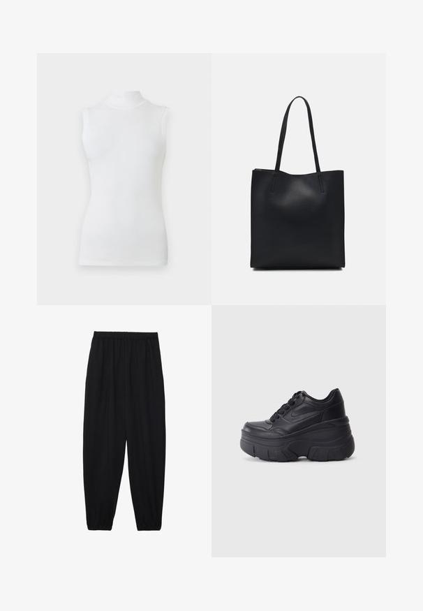 Ujjatlan, fehér, állómellényes felső, amely testhez simuló formájú, sima anyagból készült, egy egyszínű világos háttér előtt.; Fekete, könnyű nadrág elasztikus derékkal és ráncolt bokákkal. Az anyag sima és laza, szűkített dizájnnal rendelkezik.; Fekete fűzős sportcipők vastag talppal, sima bőrből készült felső résszel, kerek orral és jellegzetes, réteges platform dizájnnal.; Fekete bőrtáska sima felszínnel, téglalap alakú, két hosszú füllel. Nincs látható fémkiegészítő vagy díszítés.