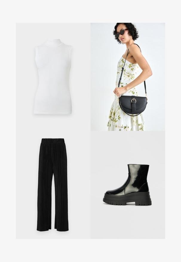 Bezrukávový biely top s vysokým golierom, priliehavého strihu a hladkej tkaniny na jednoduchej svetlej pozadí.; Čierne plisované nohavice s elastickým pásom. Majú široké nohavice a hladkú, textúrovanú látku s vertikálnymi pruhmi.; Čierne lesklé členkové čižmy s hrubou podrážkou a zaoblenou špičkou, bočný pohľad na jednoduchom svetlošedom pozadí.; Čierna kožená kabelka s zaobleným tvarom, odnímateľným popruhom a zlatými doplnkami. Kabelka má klopu s detailom s prackou.