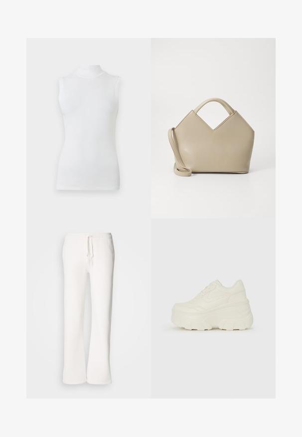 Ärmelloses weißes Oberteil mit Stehkragen, in taillierter Form und aus glattem Stoff, vor einem schlichten hellen Hintergrund.; Weiße, locker sitzende Schlafanzughosen aus weichem Material, mit einem elastischen Bund und Kordelzug sowie geradem Bein.; Weiße Platform Sneakers mit einem glatten, lederähnlichen Obermaterial, abgerundeter Form, gepolstertem Kragen und strukturierten Gummisohlen mit ausgeprägten Stollen.; Beige strukturierte Handtasche mit V-förmigem oberen Teil, glattem Leder, kurzen Griffen und einem langen verstellbaren Tragegurt. Minimalistisches Design.